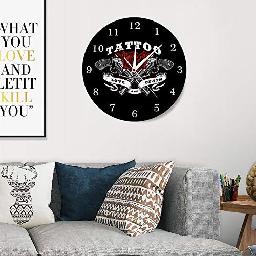 Wall Clock 12 Inch Vintage Tattoo Logo Printed Love And Death Rose And Tattoo Guns Clock Tattoo Studio Gothic Battery Operated Silent Non-Ticking For Home Office School Bedroom Decor Gift Ideas #TOP3