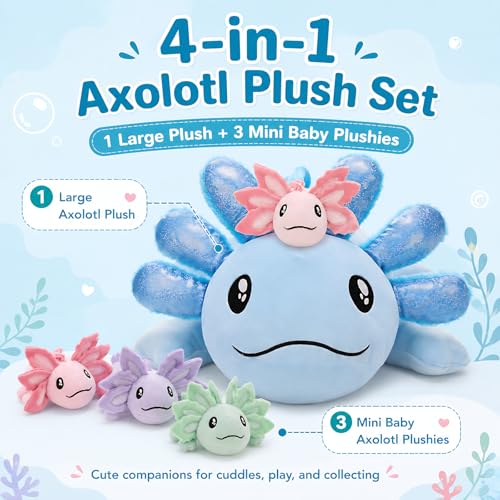Image of MaoGoLan Giant Blue Axolotl Plush with Babies, 33 inch Axolotl Stuffed Animal | 33 Inch Sequin Mommy With 3 Baby Salamanders for Girls Kids, Kawaii Room Decor, Christmas Graduation Birthday Gift