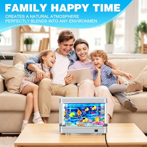 Image of Fake Fish Tank,Virtual Ocean Moving Fish lamp,Fake Aquarium Decor,Realistic Artificial Aquarium Decorations for Bedroom & Office(Sliver)