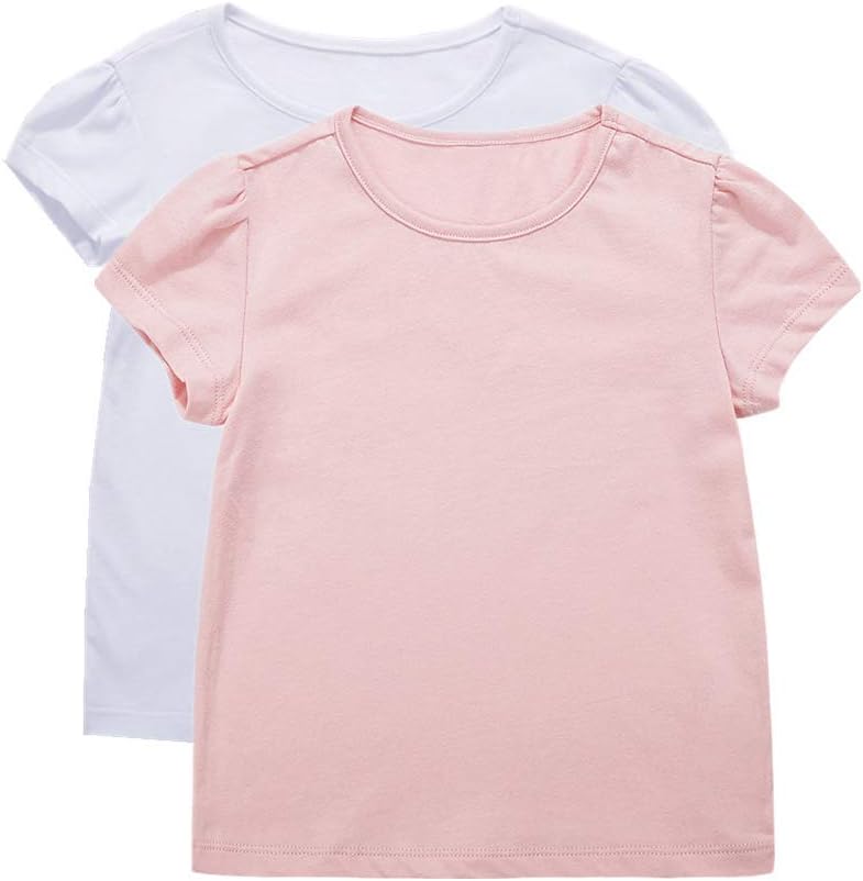 UNACOO Girls' 2 Packs Round Neck Basic T-Shirt Classic Short Sleeve Jersey Tee (White+Pink,(5-6T))