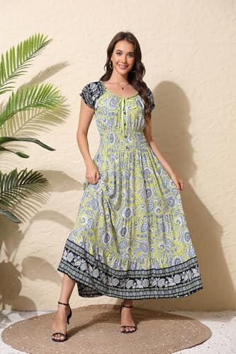 Image of Women's Boho Floral Maxi Dress, Short Sleeve Smocked Tiered Summer Casual Beach Dress