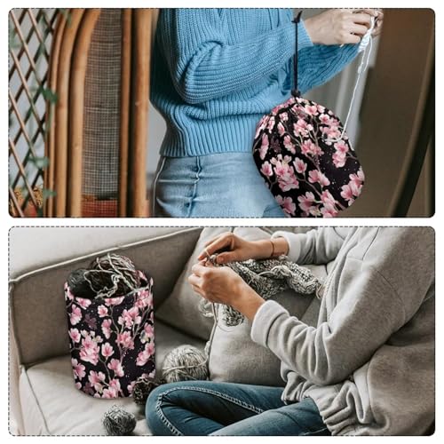 Image of Sellikakes Cherry Blossom Yarn Bag Organizer, Crochet Storage Case Round Knit Skein Ball Basket Crochet Supplies Accessories Organizer Store Skein Ball Short Knitting Needles