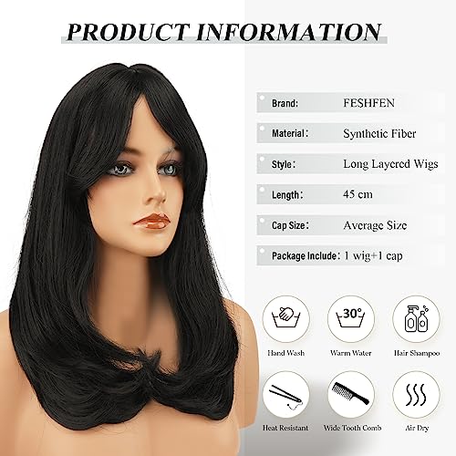 Image of FESHFEN Wigs with Bangs for Women, Natural Black Synthetic Long Layered Straight Hair Wig for Daily Party Use, 18 inch