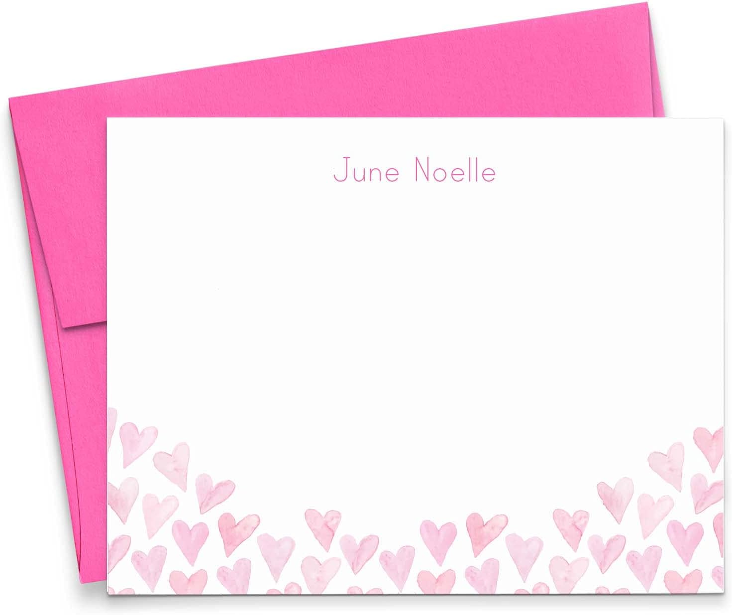 Modern Pink Paper Personalized Girls Stationary with Envelopes FLAT NOTE CARDS, Heart Stationary with Envelopes, Personalized Girls Note Cards with Heart Notecards, Your Choice of Colors and Quantity