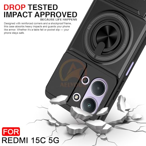 Image of Redmi 15C 5G Back Cover | Armor Camera Slider 360 Degree Rotating Finger Ring Holder Case with Bracket Stand Back Case Cover (Compatible with MagSafe Accessories) (Black)