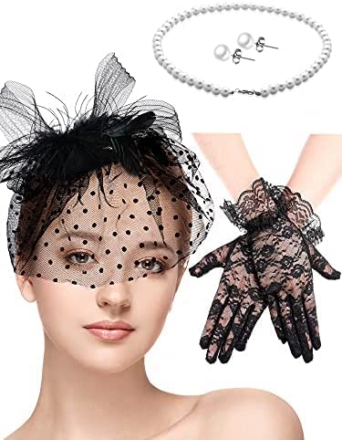 Fascinators Hat,Women Headband Tea Party with Short Lace Gloves,Wedding Party Hat Tea Headwear, Costume Accessories for Girls and Women Wedding