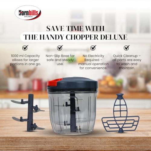 Image of Hornbills Vegetable Manual Chopper with 5 Blades 1000ml Kitchen Multi Blade Food Chopper for Vegetables Onion Garlic Hand Chopper Stainless Steel Blade Compact Vegetable Portable Mini Chopper | Red