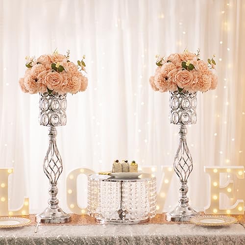 24in Wedding Centerpieces for Tables, 2pcs Silver Metal Diamond Crystal Wedding Flower Stand Centerpiece Vases for Table Decorations Reception Party Home Decor by LANLONG - Image 5