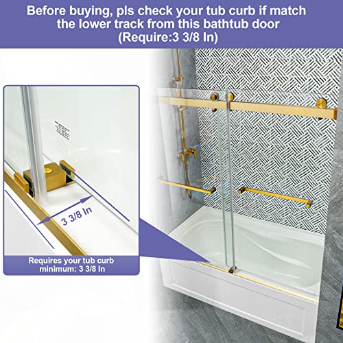 Yelna Frameless Double Sliding Shower Glass Door Gold 56 - 60 W X 76 H,3/8(10Mm) Thick Clear Tempered Glass,Heavy Duty Stainless Steel Hardwares,Rectangle Handles,Brushed Gold,Bypass Shower Enclosure #TOP1