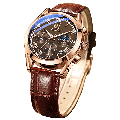OLEVS Men Watch Leather Strap Moon Phase Casual Classic Analog Quartz Calendar 3ATM Waterproof Luminous Men Wrist Watches