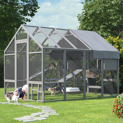 TIMHAKA Catio Outdoor Cat Enclosure, Large Cat Catio for Multiple Cats with 7 Platforms, 2 Resting Box and 2 Bridges, Wooden Cat House Cage with Waterproof and UV Proof Cover, 71 x 71 x 97 inch