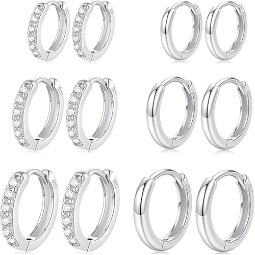6 Pairs 925 Sterling Silver Women'S Small Hoop Earrings, 14k Real Gold Hypoallergenic Small Cubic Zirconia Cartilage Huggie Earring Set For Many Piercings Fashion Jewelry 8/10/12mm
