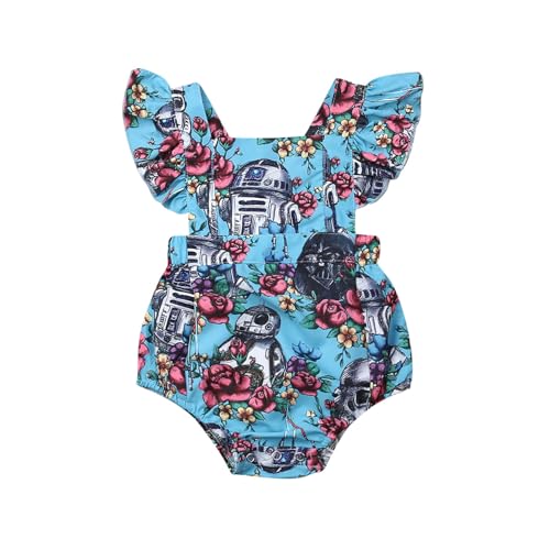 Image of Axupico Baby Girl Romper Clothes Newborn One Piece Romper Floral Sleeveless Backless Ruffle Sleeve Princess Summer Clothes (Blue, 9-12Months)