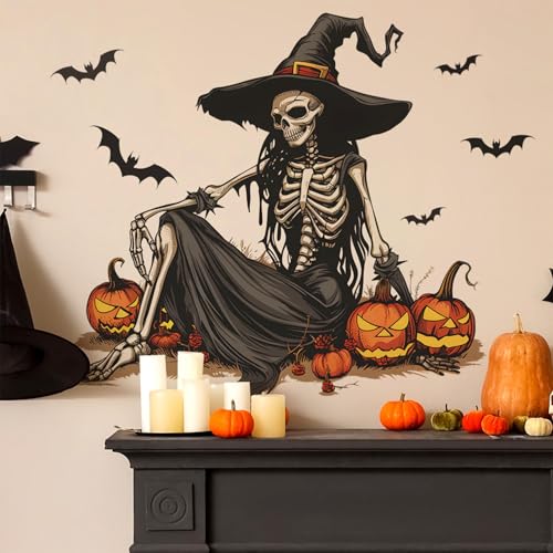 Generic Horror Halloween Witch Skeleton Wall Stickers - Evil Bat Pumpkin Clings Decoration for Party Home Office Classroom - DIY Art Supplies WW-172