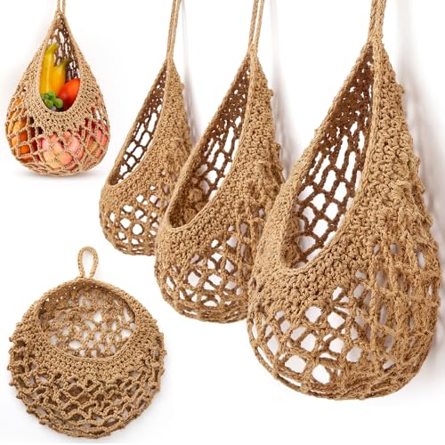 Image of Honeydak 3 Hanging Baskets, Light Linen, Crochet, Cotton Rope