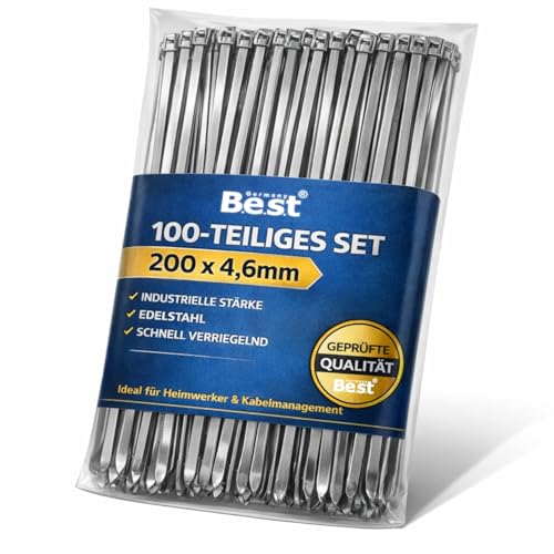 Edelstahl Kabelbinder 100 Stück – 200 x 4,6 mm Metall Kabelbinder extra stark – Rostfrei, hitzebeständig – Für Kabelmanagement, Zaunbau, Hitzeschutzband, Industrie & Außenbereich