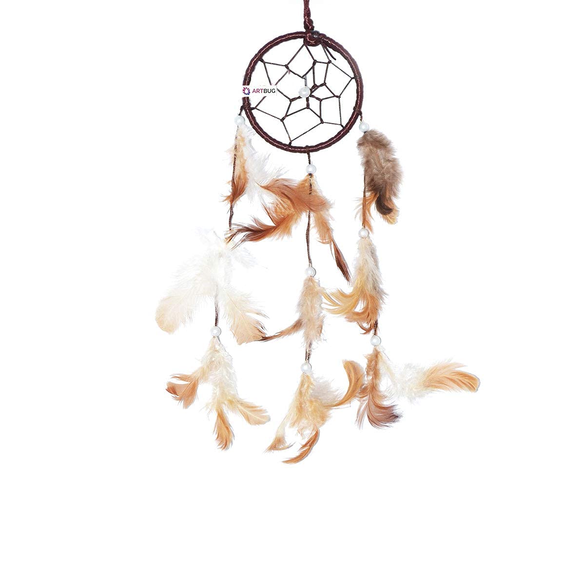 ARTBUG Dream Catcher Natural Feather Steel Small Dream Catcher Hanging for Cars, Rooms for Positive Energy and Protection (Brown, White, 3 inch)-image-29