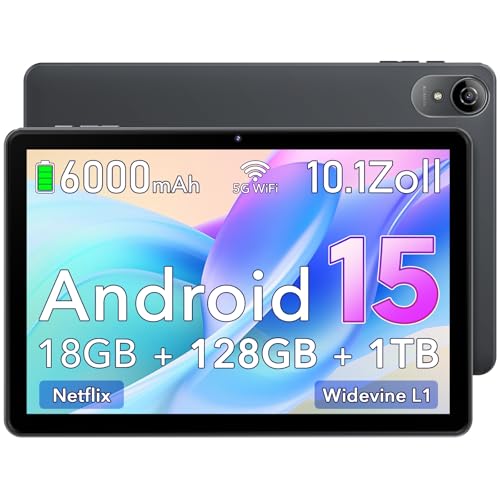 Tablet 10,1 Zoll, Android 15 Tablet, 18GB RAM + 128GB ROM, Erweiterbar auf 1TB, 1280x800 HD IPS Display, 6000mAh Batteri...
