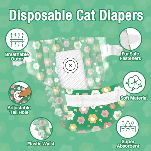 Image of Pet Soft Disposable Cat Diapers - Diaper for Female & Male Cats, Puppy Doggie Diapers for Female Dogs with Adjustable Foam Tail Hole, XX-Small (24Pcs, Green)