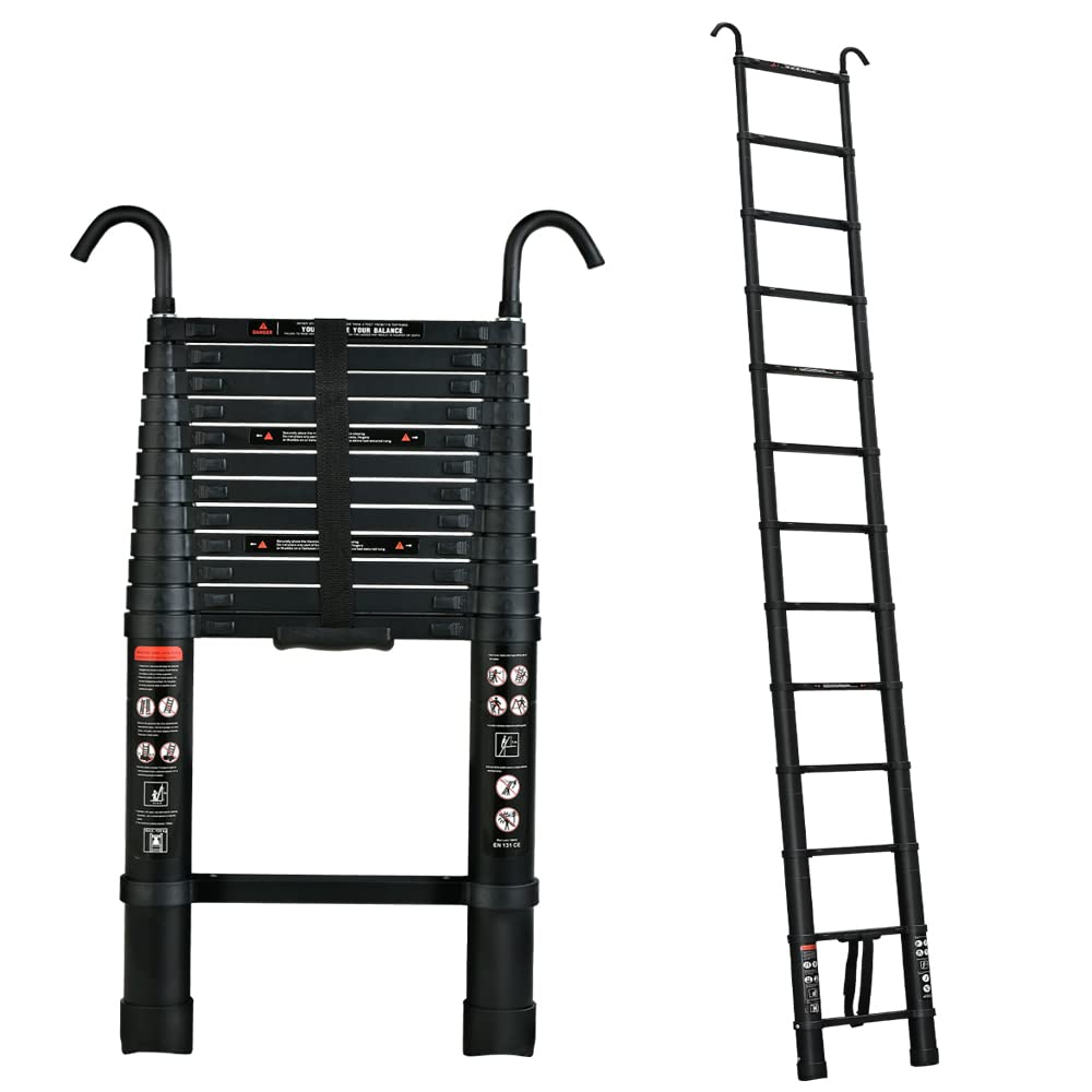 3.8M Telescopic Ladder, Aluminium Extension Ladder, Multi-Purpose Ladder, Loft Ladders with Detachable Hooks, Extendable Ladder (12.5FT/3.8M), Max Load 150kg/330lb