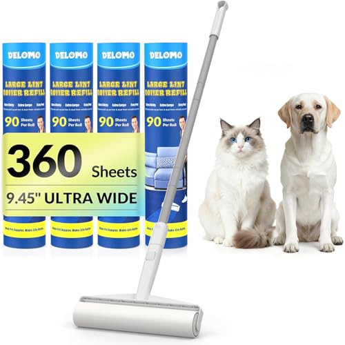 Large Lint Roller for Floors Carpet Furniture Bed – 9.45' Wide Extra Sticky Pet Hair Remover, 4 Refills 360 Sheets Value Pack, Long Handle for No-Bending Cleaning –Ideal for Dog Cat Owners Homes