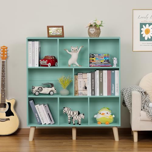 LEYAOYAO 8 Cube Bookshelf 3-Tier Bookcase with Legs, Mint-Green Kids Book Shelf Cute Storage Organizer, Large Open Toy Shelves Modern Bookshelves,Display Bookcases for Bedroom,Living Room,Nursery