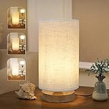 Minimalist Dimmable Nightstand Lamp with Round Fabric Linen Shade, 3 Color Temperatures, Desk & Bedside Lamp for Study, Living Room, Bedroom, Office, Dorm