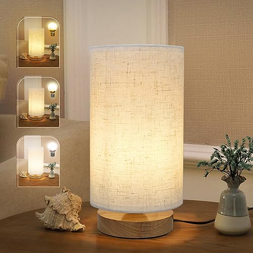 Minimalist Dimmable Nightstand Lamp with Round Fabric Linen Shade, 3