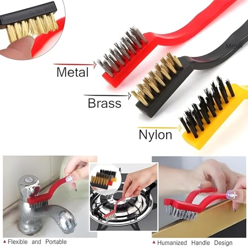 Image of Oblivion Mini Wire Brush for Cleaning 12 Pcs - Wire Brush Set with Brass, Nylon & Stainless Steel Bristles, Cleaning Brushes for Gas Stove, Burner, Tiles, Tap Rust Removal, Welding Slag, Paint & Dirt