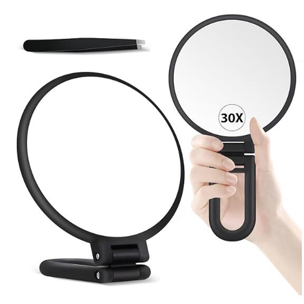 Specchio con ingrandimento 30x, specchio a mano con manico, specchio a mano su entrambi i lati con ingrandimento 30X/1X, specchio essenziale da viaggio, portatile, pieghevole, per trucco di
