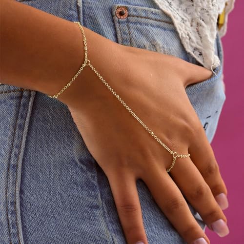 Hand Chain Bracelet for Women - 14K Gold Plated Ring Hand Chain Bracelet Dainty Link Finger Ring Bracelets Gold Jewelry Gifts for Women Trendy3