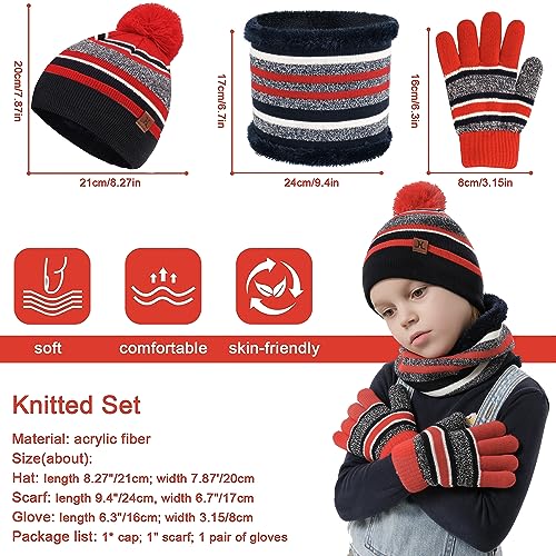 Image of Kids Toddlers Winter Hats Knit Warm Beanie Scarf Gloves Set for Boys Girls Age 2-7, Pompom Cap Neck Warmer Fleece Lined Gifts