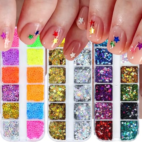 Image of 3 Box Star Nail Glitters Colorful Holographic Sequins 3D Mermaid Laser Independence Day Nail Flakes Sparkly Shiny Star Nail Decals Nail Art Design for Women Girls Manicure DIY Decorations