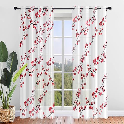 Lukery Rideau Voilage Lot de 2, Fleur de Prunier Rideaux Voilage Voilages Intérieurs avec Oeillets Rideau Fenetre pour Salon Voilage Fenetre Moderne Panneaux...