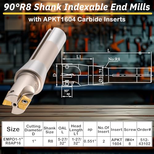 Image of Duraaamo R8 Shank Indexable End Mill 1'' Diameter by 5-27 /32'' Oal 90 Degree High Speed Milling Cutter with 2 Aptk1604 Carbide Inserts Industrial Tools
