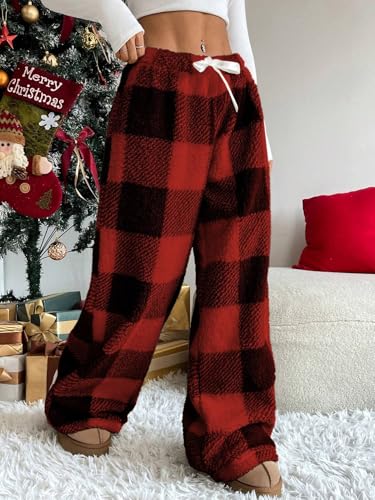 Image of ZAFUL Women's Fuzzy Plush Pajama Pants Wide Leg Pj Bottoms Lounge Pants