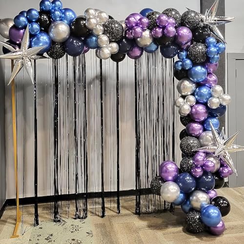 Image of Metallic Purple and Blue Balloons, 60 Packs 12 Inch Chrome Blue Purple Silver Balloon with Ribbons for Space Birthday Party Decorations
