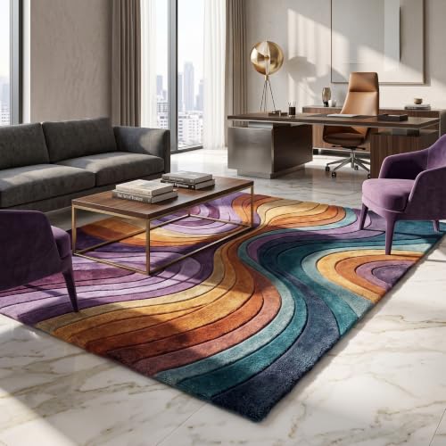 Image of Hand Tufted Premium Wool Multicolor Organic Curved Design, Carpet for Living Room, Bedroom, Office & Home Decor Size 12x18 Feet