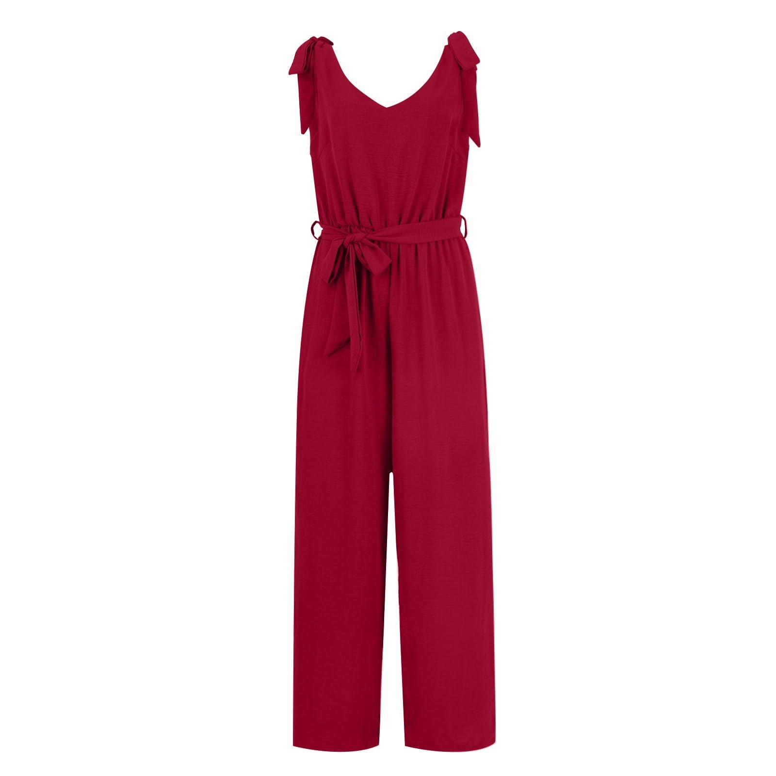 Jumpsuit Damen Sommer Lang Weites Bein Overall Damen Elegant Ärmellos Rückenfrei Jumpsuits V Ausschnitt Overalls Träger Schnürung Playsuit Frauen Mit Gürtel Romper Mit Taschen Onesie Freizeit