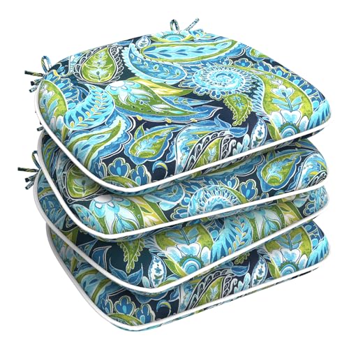 LVTXIII Outdoor Chair Cushions for Patio Furniture Set of 4, Water Repellent Patio Chair Cushions 17"x16" with Ties, U-Shaped Dining Chair Pads for Garden Kitchen Use, Paisley Lapis Green