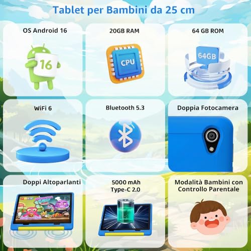 Seconda immagine MUTSAY Tablet Bambini 10 Pollici Android 16 Tablets PC 20 GB RAM 64 GB ROM IPS1280x800 Doppia Fotocamera 5MP+8MP 5000 mAh WiFi 6 BT 5.4 Controllo Parentale Custodia Protettiva (Blu)