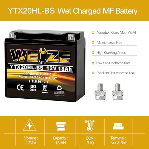 Image of YTX20HL-BS Sealed AGM Maintenance Free Motorcycle Battery, 12 Volt 18 AH, 300 CCA Scooter Battery