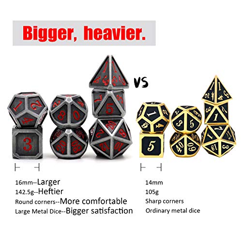 Haxtec Ancient Silver Metal DND Dice Set D&D 7PCS Large Rounded Antiue Iron RPG Dice Red Numbers for Dungeons and Dragons TTRPG Game Gifts',Standard size