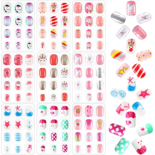 DTOFOOT 108Pcs Fake Press on Nails for Kids,Acrylic Full Cover False Press on Nails Girls Stick on Nails for Kids Children Birthday Party Favors Gift Nail Art Decoration（9 Pack Cute Style）