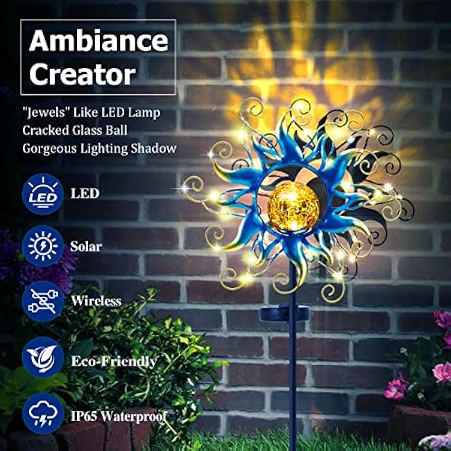 Solar Lights Outdoor Garden Decor, Blue Metal Sun Crackle Glass Globe Stake Waterproof 30LED Decorations Unique Gifts for Women,Mom,Outside, Patio,Lawn,Yard,Pathway