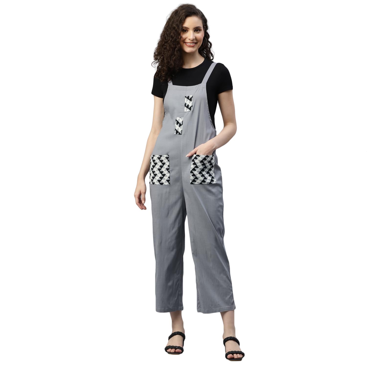 DEEBACOWomen's Solid Lycra Jumpsuit With Two Front Pockets Western Style Dress Relaxed Fit Strap Shoulder One Piece Summer Wear Dungaree Casual Fashionable Stylish Outfit With Zipper Back (Grey)