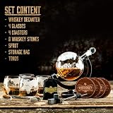 WHISISKEY Zestaw Karafka do Whisky - Zestaw Prezentowy Whiskey - Prezenty dla Mężczyzn - Pomysły na Prezent dla Mężczyzny - Kulista Karafka 900ML, 4 Szklanki do Whisky, 8 Kamienie do Whisky