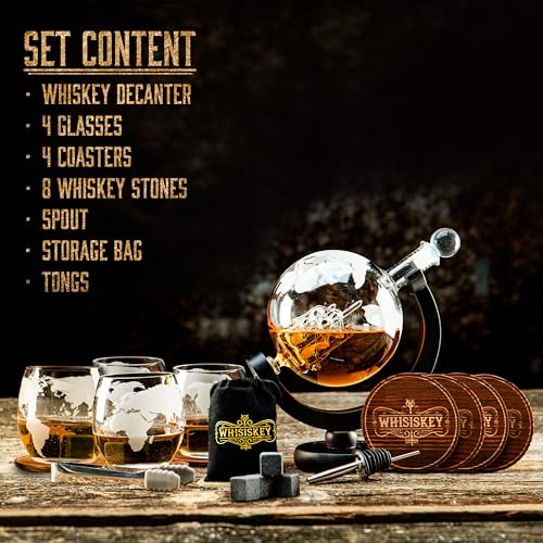 WHISISKEY Zestaw Karafka do Whisky - Zestaw Prezentowy Whiskey - Prezenty dla Mężczyzn - Pomysły na Prezent dla Mężczyzny - Kulista Karafka 900ML, 4 Szklanki do Whisky, 8 Kamienie do Whisky
