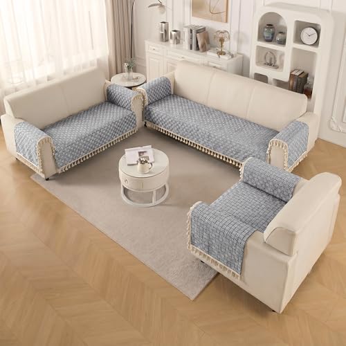 Image of Story@Home Quilted Anti Slip Sofa Cover Mat with 2 Armrest Cover, 2 Seater Velvet Sofa Protector with Tassels | Sofa Cover Mat for 1 /2 /3 Seater & L-Shape Sofa - 76 x 122 Cm - Navy Blue & White
