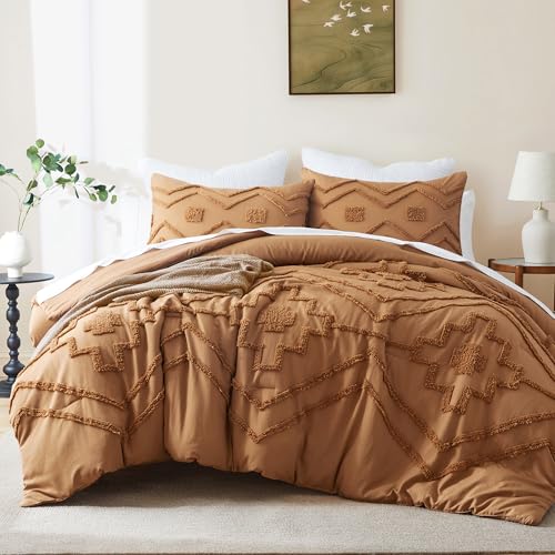 Image of Oli Anderson Boho Tufted Comforter Set Queen Size, 3 Pcs Soft Jacquard Bedding Set for All Seasons, Shabby Chic Farmhouse Bedding Set with Comforters for All Seasons (Pumpkin, Queen)
